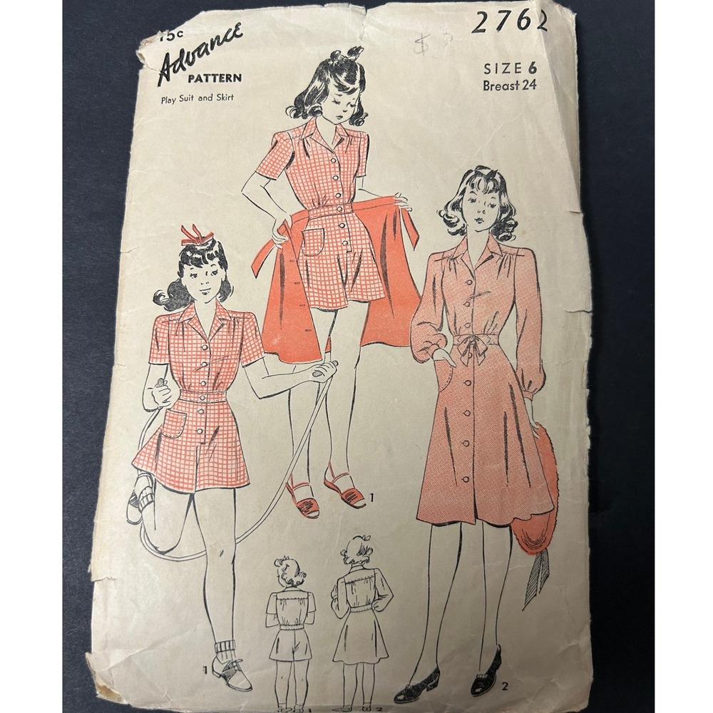 Vintage 1940s Advance 2762 Sewing Pattern Girls Size 6 Playsuit Skirt‎